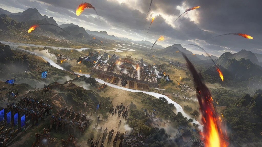 On cloudy days,Many fireballs flying over the city, Beautiful rendering of the Tang Dynasty, Three Kingdoms of China, Background Air Combat, author:Yang J, from three kingdoms, Game Art Painting, An ancient city engulfed in fire, author:Ni Yuanlu, by Liang Kai, Epic battle scenes, Pan Chengwei on artstation, by Li Zai
