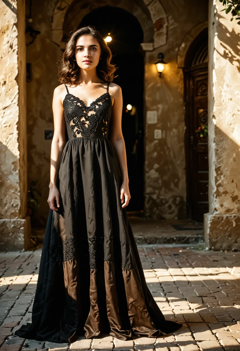 a realistic full-body photography, (woman: 26-year-old Mexican-Italian stunning brunette influencer, long and wavy dark brown hair, model measurements accentuated by small natural bust, warm and sun-kissed tan, expressive dark brown eyes, sunny and charismatic appearance:1.1), (dark brown golden retriever puppy in her arms:1.5), (clothes: sexy form-fitting black dress with lace:1.4), natural lights and shadows, with volumetric face lighting for hyper-realistic detail, hyper-realistic, 16K resolution, shot with Canon EOS R6