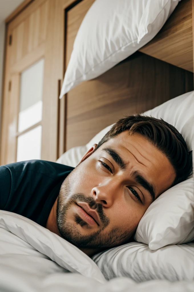 Man with a very shocked face laying in bed