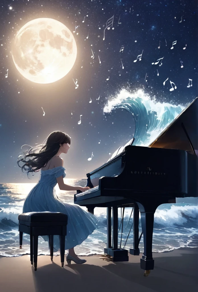 Woman playing piano on the beach at night、moonlight、Starry Sky、Wave、dress、water splash,looking up, Music notes dancing in the sky, (best quarity,ultra detailed,ultra-high-resolution, absolutely resolution,8K, masterpiece),