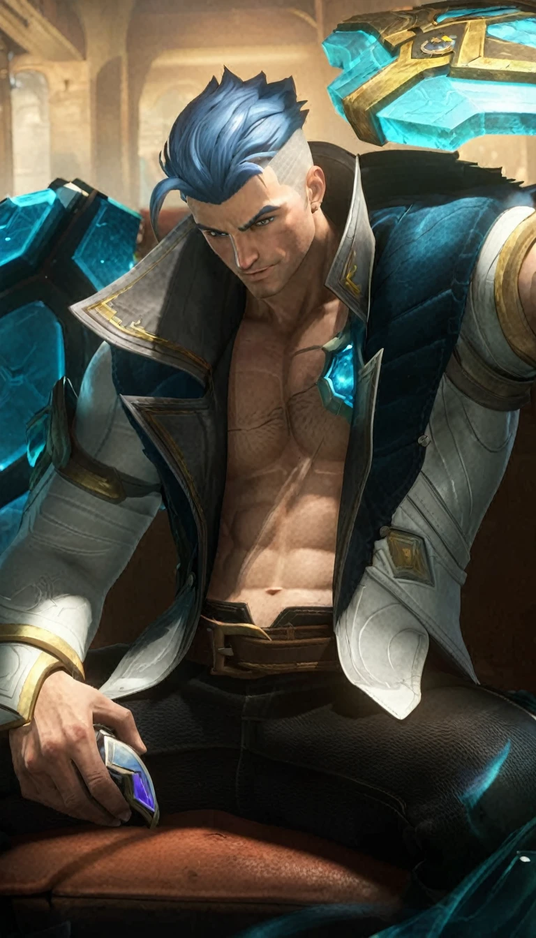  The image is a 3D rendering of a character from a game. The character is shirtless, with a muscular build 