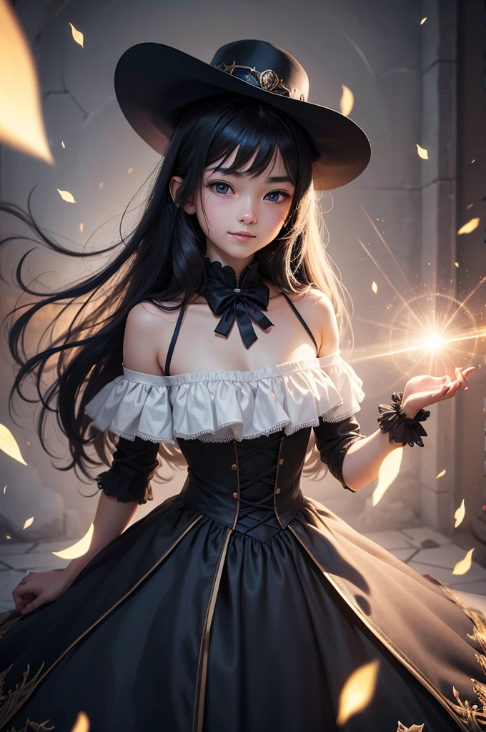 Perfect human body modeling, 1 girl, cute girl, pretty face, bitter smile, 12 years old, Beautiful black long hair, beautiful eyes, flat chest, small build, No muscles, white skin, wizard, Big magic wand, gothic skirt, magical girl, little Medieval Dress, Princess Dresses, Big black hat, light particles, light sparkles, lens flare, Light particles, Magic light, strong light
