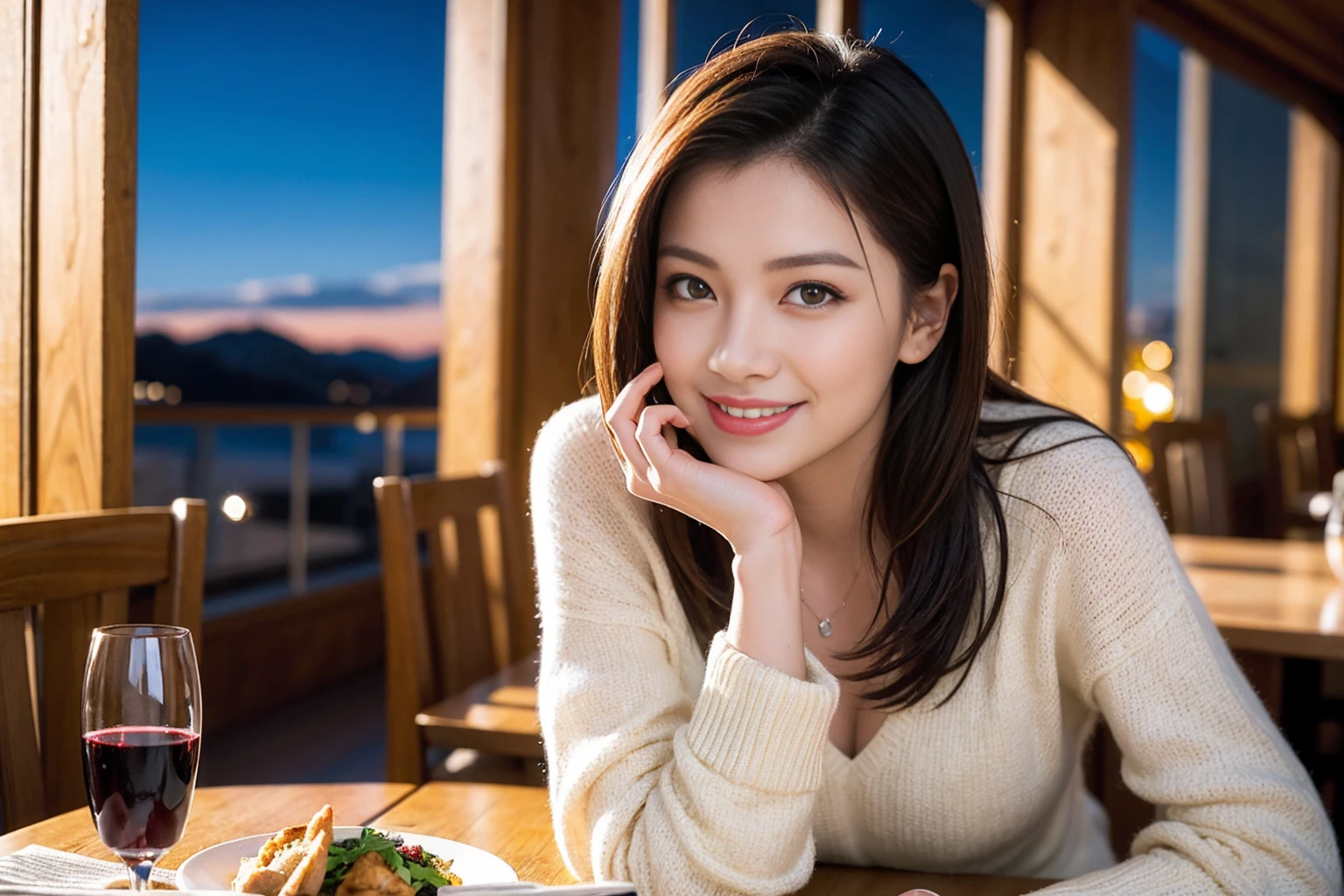 ((Highest quality、8K、masterpiece:1.3))、Sharp focus:1.2、Beautiful woman perfect body:1.4、slimなボディ、((Bob Hale、Straight hair:1.2))、(to be born, Highest quality, masterpiece:1.5), (Realistic, Intricate details:1.2), テーブルにwine glass、Shine light on your face、 Amazing view of the sunset sky and clouds、Amazing mountain views、ニコニコ明るいsmile、smileの素敵な女性、Bright image、2. The beauty of wine, Beautiful Face, blue eyes, The light shines on your face, Blushing, short hair,Bright Face、Fox face、 (43 years old), 39 years old, Lady、red wine 、Appetizers、Italian food、Wine bottle、Champagne、sparkling wine、Two beauties、Brown Hair、Shortcuts、Long sleeve shirt、dress、Beautiful woman 1, (slimな顔), (The body is slim), (Brown Hair), (Shortcuts), cheeks turn a little red,Attractive beauty、, Out of the window, Beautiful and detailed night view.........., restaurant, In a prominent place (From the waist up) Nova Frog Style, actress, model, Upper Body, White wine, slim, wine glass, 真ん中に置かれたwine glass, smile, (smile: 1.15), Beautiful fine grain, Depth f/2,saturation, High Contrast, Strong light and shadow,Moist Body:1.5、3D texture、Delicate eyes、Brown Hair、The hair is very shiny、
