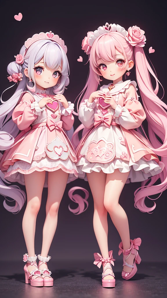((petite bishojo, 2girls)), ((kawaii face)), ((heart shaped eyes)), (masterpiece), (top quality), ((hyper detailed)), (exquisite), (beautiful and aesthetic), (super detailed skin), (high standard), (high resolution), (perfect anatomy), (full body), (blush), ((sickly cute)), (earring), (lipstick), ((perfect hands, perfect fingers))