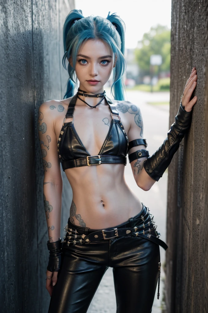 (RAW photo, best quality), Cute jinx girl with long light blue hair, (double ponytail), (hair over one eye), (blue eyes), (alley background), frontal sunlight, jinxlol, cute smile, gorgeous face , super cute, punk, healthy face, , young looking, hyper detailed face, detailed skin, heavy dark eyeliner, (enormous super sized breast), ((tight dirty and worn down leather pants with a lot of wrinkles and scratches)), LowriseXL, ((belt bra)), ((leaning back against wall)), ((multiple studded belts, bullet belts and thigh belts))), (((two black leather collars))), exposed midriff, tattoos, leather arm sleeves, ((many hip chains)), ((rock hard abs)), putting weight on one leg, (((navel piercing)))