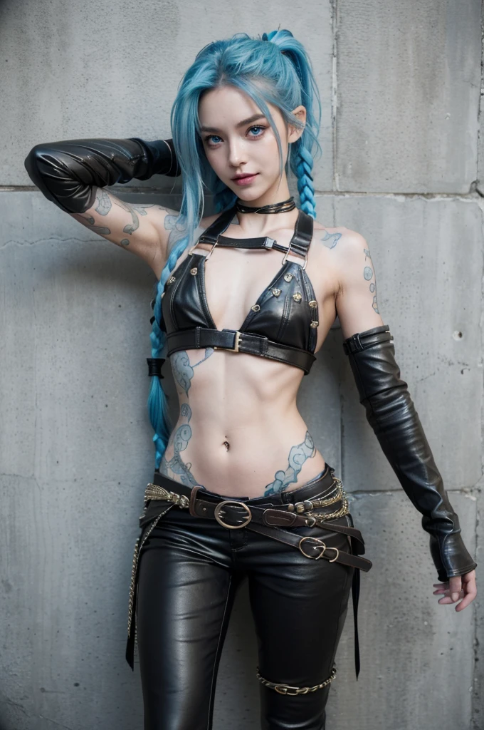 (RAW photo, best quality), Cute jinx girl with long light blue hair, (double ponytail), (hair over one eye), (blue eyes), (alley background), frontal sunlight, jinxlol, cute smile, gorgeous face , super cute, punk, healthy face, , young looking, hyper detailed face, detailed skin, heavy dark eyeliner, (enormous super sized breast), ((tight dirty and worn down leather pants with a lot of wrinkles and scratches)), LowriseXL, ((belt bra)), ((leaning back against wall)), ((multiple studded belts, bullet belts and thigh belts))), (((two black leather collars))), exposed midriff, tattoos, leather arm sleeves, ((many hip chains)), ((rock hard abs)), putting weight on one leg, (((navel piercing)))