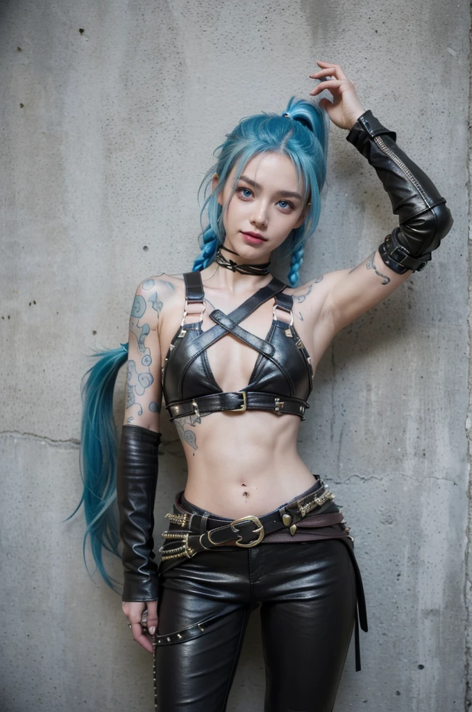 (RAW photo, best quality), Cute jinx girl with long light blue hair, (double ponytail), (hair over one eye), (blue eyes), (alley background), frontal sunlight, jinxlol, cute smile, gorgeous face , super cute, punk, healthy face, 17 years old , young looking, hyper detailed face, detailed skin, heavy dark eyeliner, (enormous super sized breast), ((tight dirty and worn down leather pants with a lot of wrinkles and scratches)), LowriseXL, ((belt bra)), ((leaning back against wall)), ((multiple studded belts, bullet belts and thigh belts))), (((two black leather collars))), exposed midriff, tattoos, leather arm sleeves, ((many hip chains)), ((rock hard abs)), putting weight on one leg, (((navel piercing)))