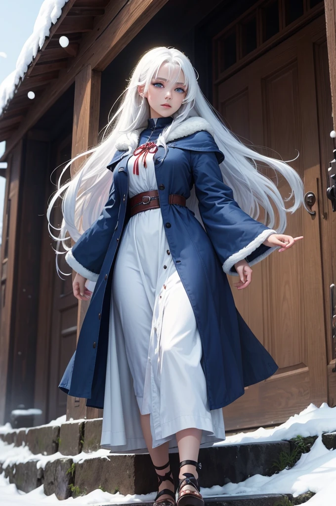 A female character with snow-white hair and vibrant blue eyes
