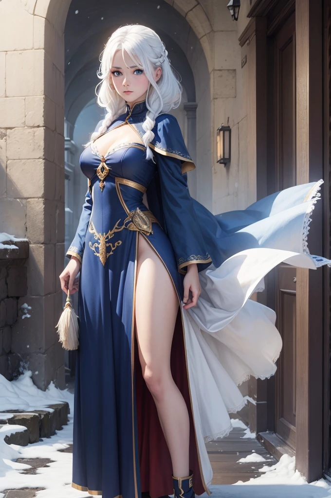 A female character with snow-white hair and vibrant blue eyes