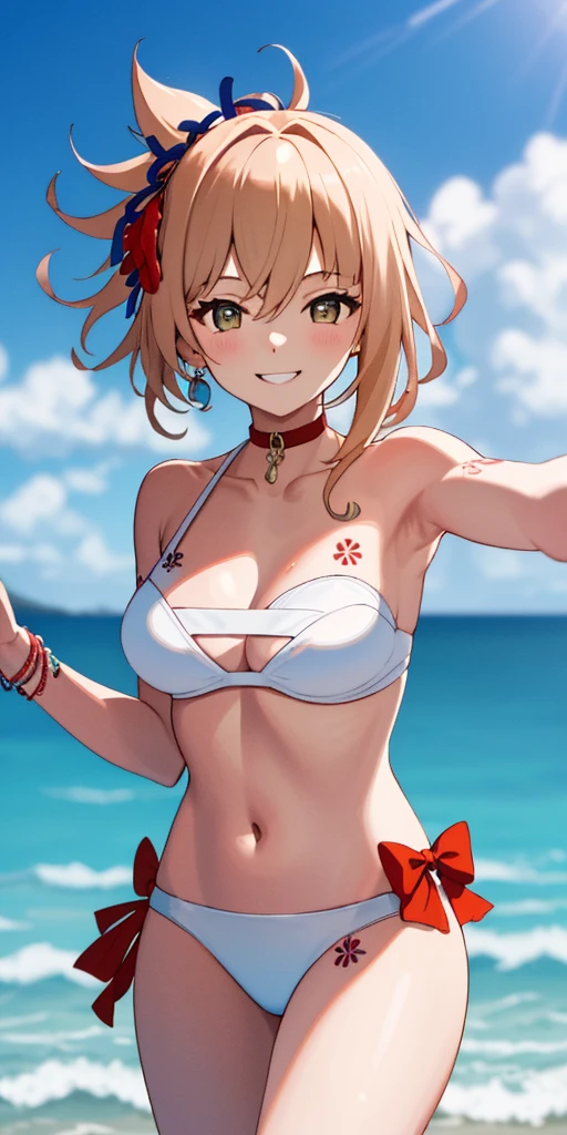 (Best quality at best:1.3), jomia end, , barechested, Bikini, (Perspectives), Smiling, Be red in the face:1.3, sea beach