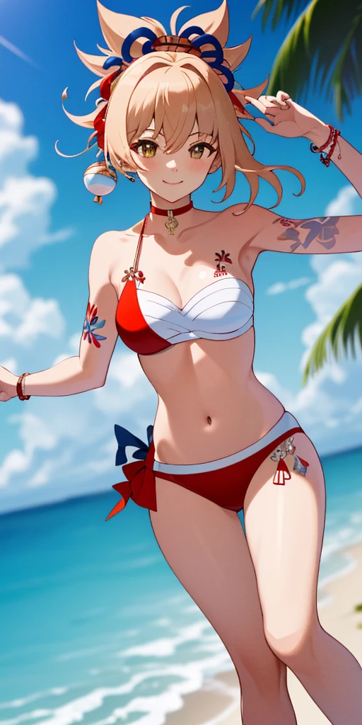 (Best quality at best:1.3), jomia end, , barechested, Bikini, (Perspectives), Smiling, Be red in the face:1.3, sea beach