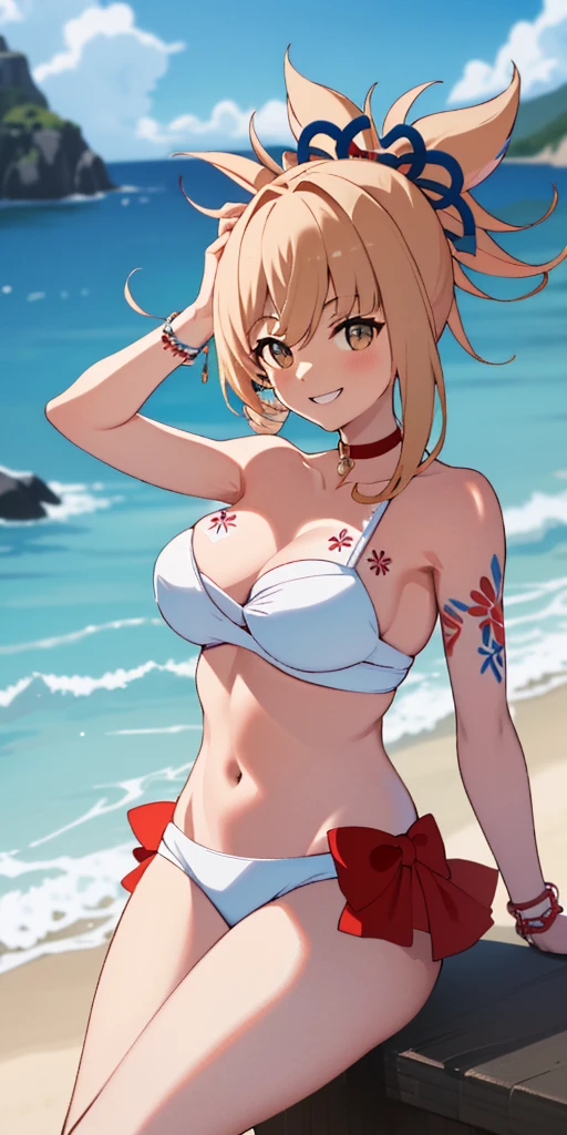 (Best quality at best:1.3), jomia end, , barechested, Bikini, (Perspectives), Smiling, Be red in the face:1.3, sea beach