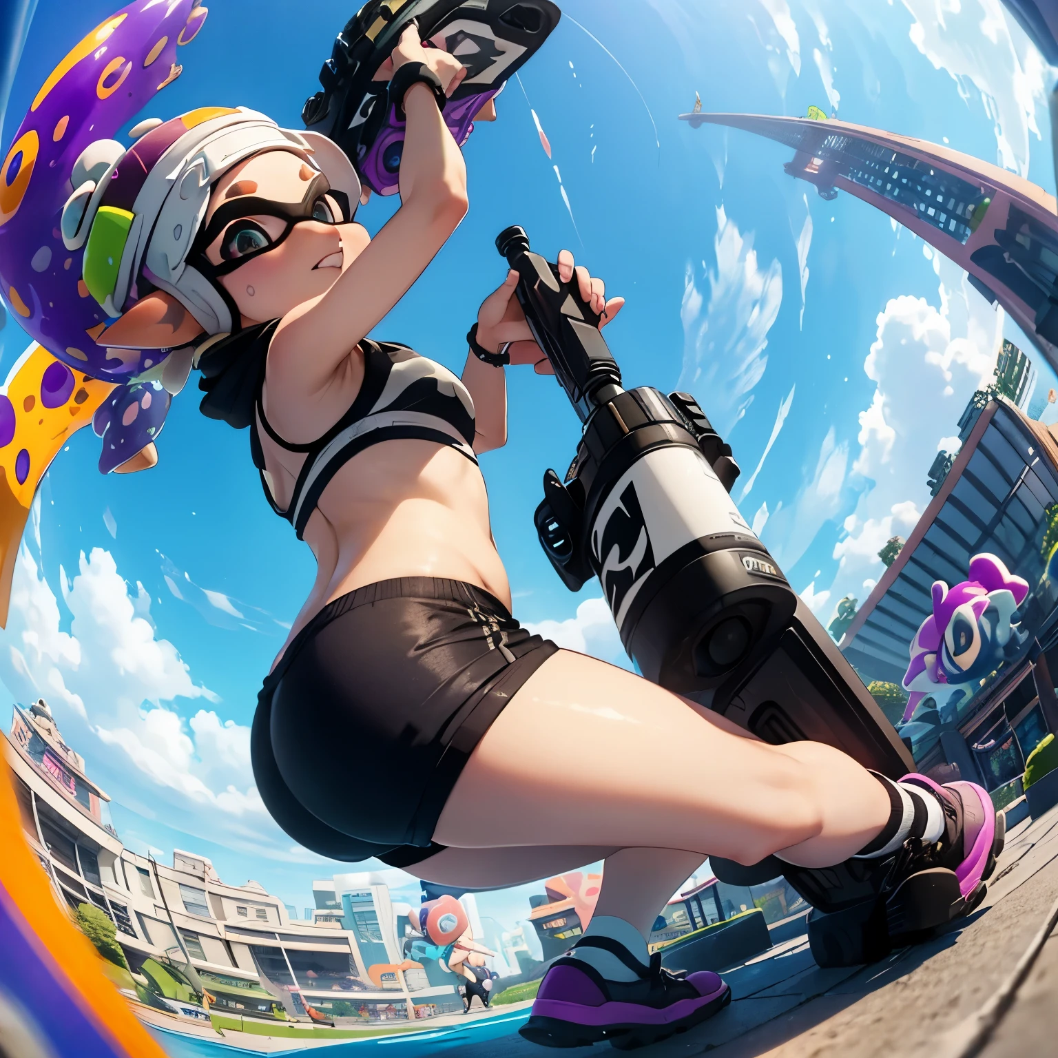 Parkour, Free running, Exhibitionism, (((1 Splatoon girl))), Selfie, Fisheye Lens, Looking down, On Top of the World&#39;Tallest building, , Sweat,  ((Golden Eyes))、Golden tentacle hair、Open Mouth Smile、Real Anime、3d、masterpiece、Highest quality、High resolution、