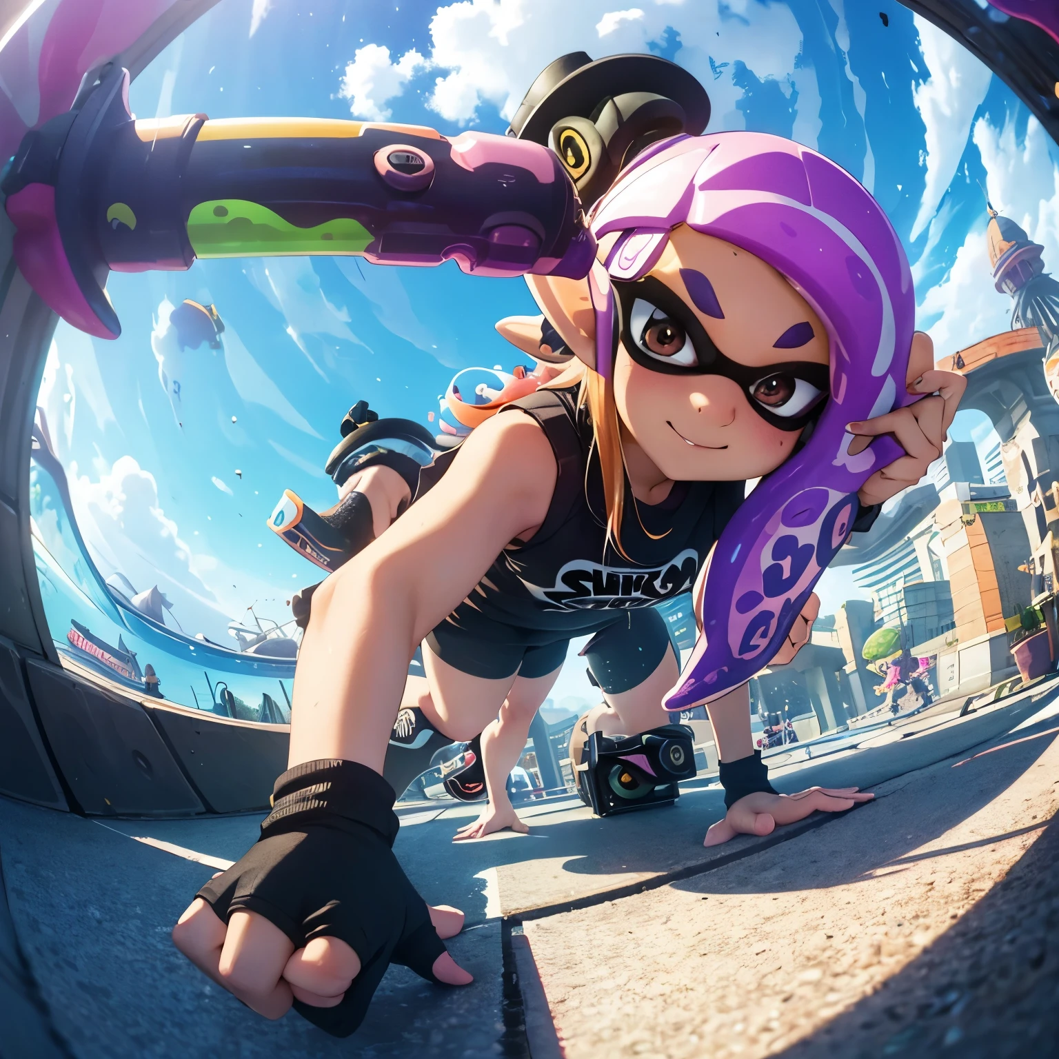 Parkour, Free running, Exhibitionism, (((1 Splatoon girl))), Selfie, Fisheye Lens, Looking down, On Top of the World'Tallest building, , Sweat, ((Golden Eyes))、Golden tentacle hair、Open Mouth Smile、Real Anime、3d、masterpiece、Highest quality、High resolution、