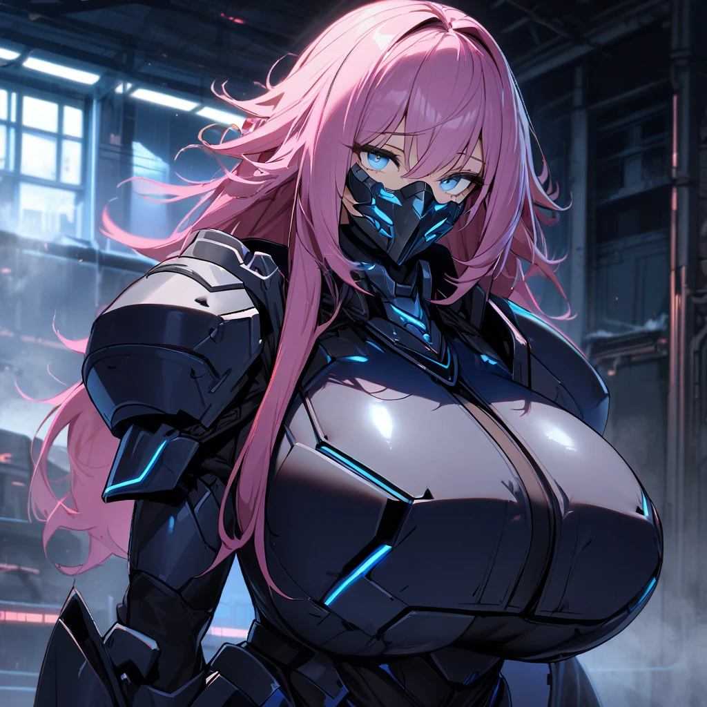 1girl,solo,pink hair color,long hair,light blue eyes,gigantic huge breasts,Wearing black sci-fi armor,Armor adheres closely to body lines,Cyber mask covering mouth,expressionless,icy stare,cold expression,Ruthless,close mouth,looking at viewer,standing up,near,In a dimly lit warehouse,