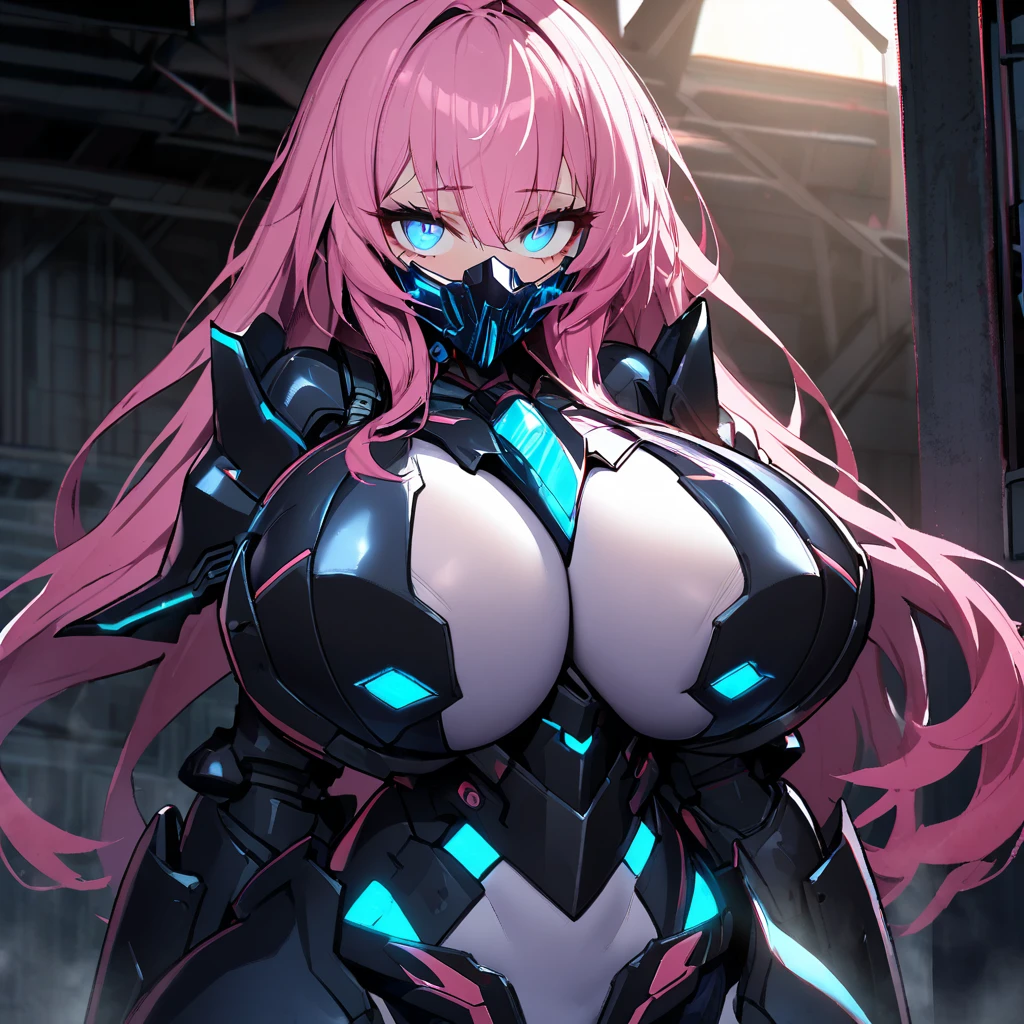 1girl,solo,pink hair color,long hair,light blue eyes,gigantic huge breasts,Wearing black sci-fi armor,Armor adheres closely to body lines,Cyber mask covering mouth,expressionless,icy stare,cold expression,Ruthless,close mouth,looking at viewer,standing up,near,In a dimly lit warehouse,
