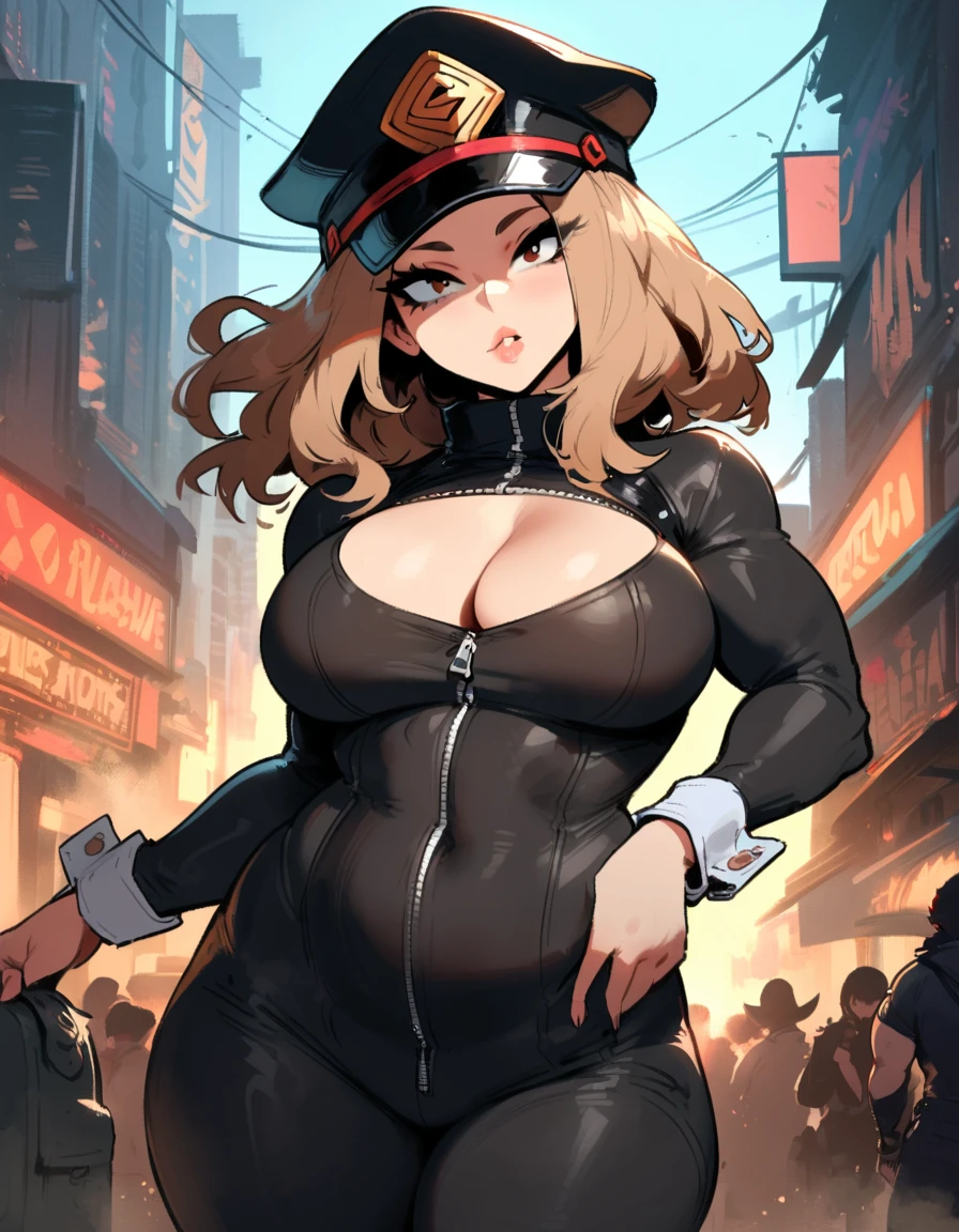 1girl, utsushimi kemii, boku no hero academia \\\\\ masterpiece, best quality, very aesthetic, absurdres, newest \\\\\\ slim body,///// ,by nyantcha,cutesexyrobutts , by khyle,,////// beautiful face, light brown hair ,plump and glossy lips, . , looking at viewer, close-up, dark brown eyes,, cap, black catsuit with blending patterned lines and a zipper running down the middle, left slightly down to reveal her cleavage. She wears white cuffs around her wrists,,standing, city,