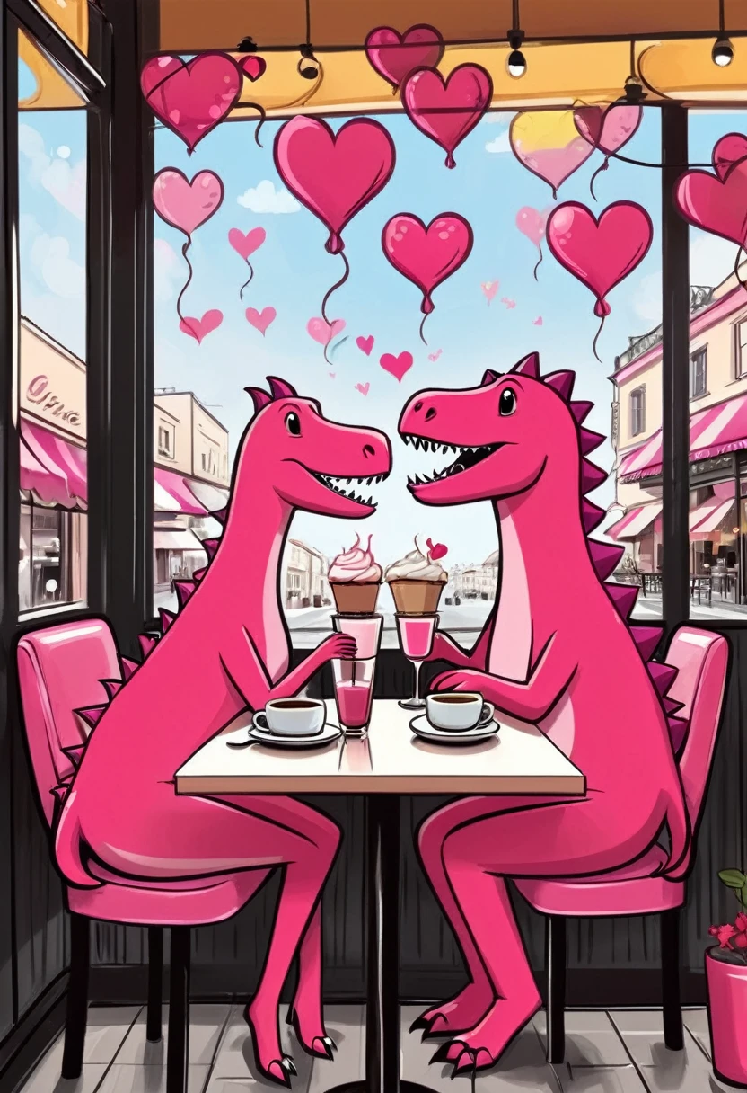hand drawing cartoon style 2d stick figure of a loving couple pink dinozaurs in a cafe, hearts, very detailed, high quality