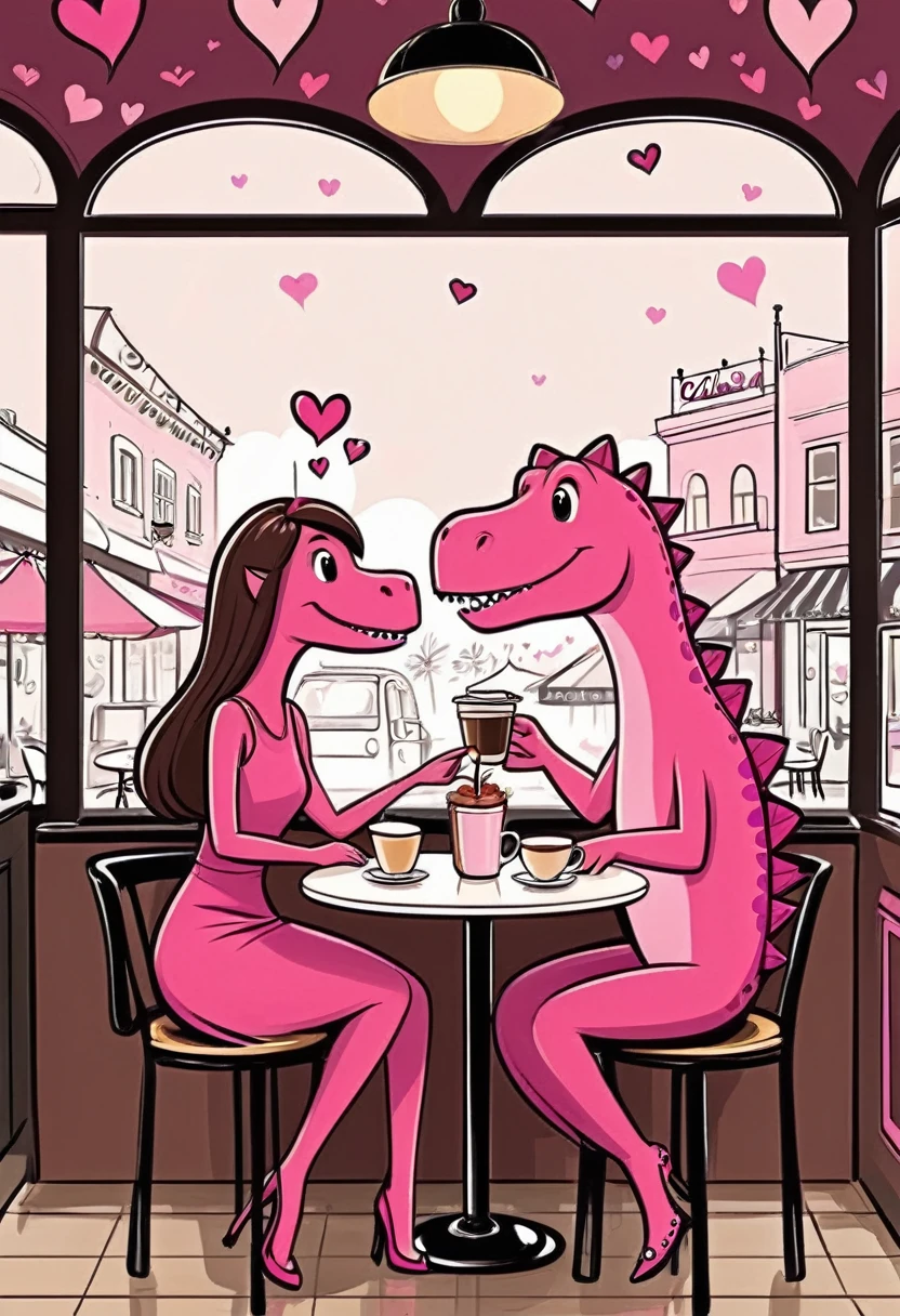 hand drawing cartoon style 2d stick figure of a loving couple pink dinozaurs in a cafe, hearts, very detailed, high quality