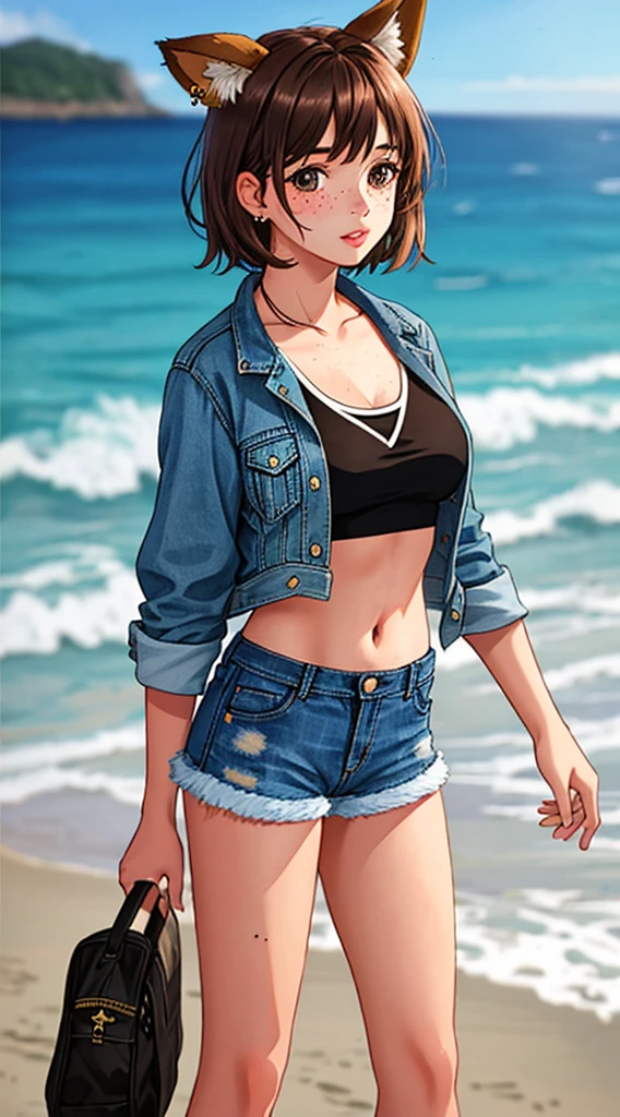 1girl, animal_ears, beach, blurry, blurry_background, blurry_foreground, breasts, brown_hair, denim, denim_shorts, depth_of_field, dirty, freckles, hand_on_hip, horizon, lips, looking_at_viewer, midriff, mole, motion_blur, navel, ocean, outdoors, photo_\(medium\), photo_background, photo_inset, realistic, reference_inset, short_hair, short_shorts, shorts, solo, standing, toned, water, hazy eyes, large fur spots, piercings