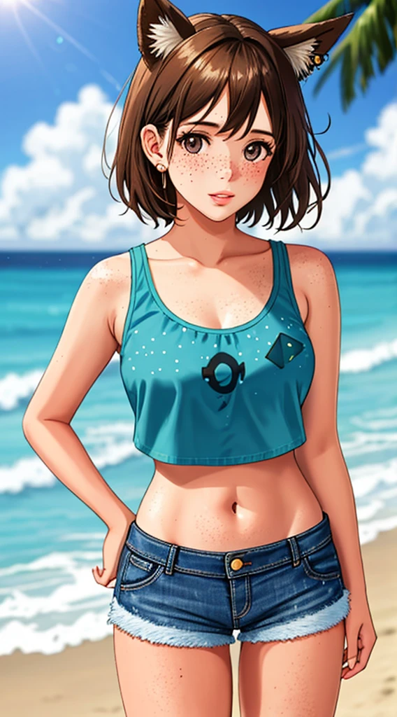 1girl, animal_ears, beach, blurry, blurry_background, blurry_foreground, breasts, brown_hair, denim, denim_shorts, depth_of_field, dirty, freckles, hand_on_hip, horizon, lips, looking_at_viewer, midriff, mole, motion_blur, navel, ocean, outdoors, photo_\(medium\), photo_background, photo_inset, realistic, reference_inset, short_hair, short_shorts, shorts, solo, standing, toned, water, hazy eyes, large fur spots, piercings