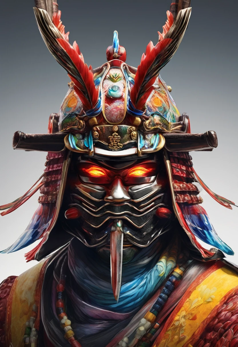 Realistic face of a Japanese ronin wearing a mask and helmet made of multicolored glass, It's realistic and detailed. As if filled with water、Small touches of color visible inside