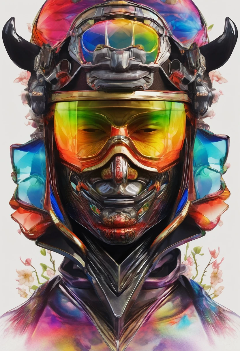 Realistic face of a Japanese ronin wearing a mask and helmet made of multicolored glass, It's realistic and detailed. As if filled with water、Small touches of color visible inside