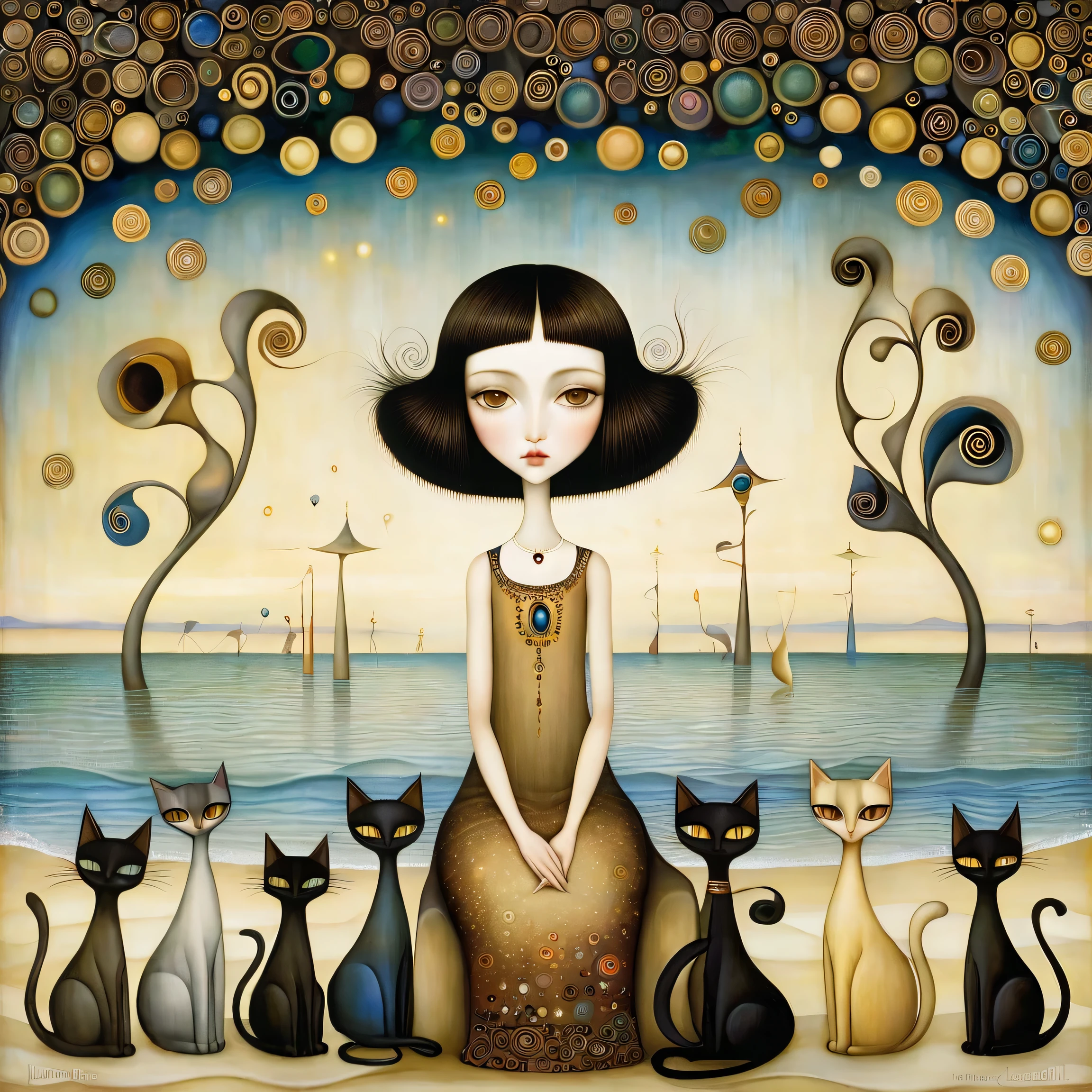 Patchwork by Klimt, Nicoletta Ceccoli, Naoto Hattori, Lawrence Didier, Leonora Carrington, of Young European woman with long black hair, sweet light brown eyes, sitting on the beach with Cats long necks and people dancing in the distance, Art Deco, Wide-Angle, optical illusion