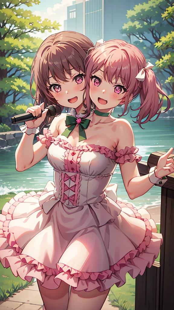 masterpiece, best quality, highres, (Conjoined_dicephalus), (2 heads:1.2), two heads, (1 body:1.5), 2 girl, solo, 2 legs, 2 arms, conjoined twins, solo, huhehe, green eyes, brown hair, short hair, dress, frills, microphone, green_bow, green_choker, holding, holding_microphone, green_bowtie, white_ribbon, bare_shoulders, frilled_dress, wrist_bow, collarbone, green_dress, upper_body, frilled_sleeves, strapless_dress, maruyama_aya_bangdream, pink_hair, bangs, pink_eyes, blush, smile, open_mouth, bow, ribbon, twintails, sidelocks, long_hair, hair_ribbon, hair_bow, choker, dress, frills, microphone, pink_bow, pink_choker, holding, holding_microphone, pink_bowtie, white_ribbon, bare_shoulders, frilled_dress, wrist_bow, collarbone, pink_dress, upper_body, frilled_sleeves, strapless_dress, happy, cowbow shot, outdoors, forest