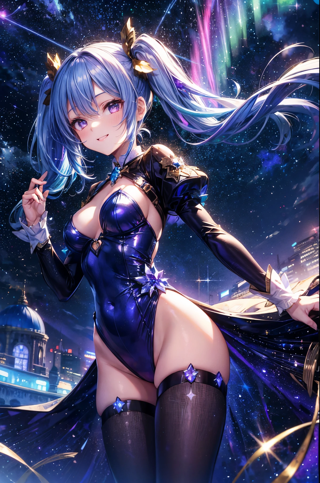 Super Idol　Beautiful girl　Charming smile　Sky blue hair　Hair length　Twin tails　Bright sexy leotard costume in bright white and purple　Fantasy　constellation　moon　Crystal Sparkle　Aurora in the night sky