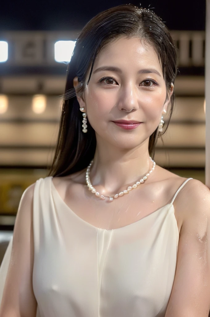 (((Very realistic front-on shots by professional photographers、A close-up American shot of an actress facing the camera, very Seductive pose, 32k, 7 heads、looking at viewer, Staring Intently :1.8))),(((A pure white, extremely thin fabric business short-sleeved open-neck shirt with a wide V-neck, Soaking wet、She is looking straight at the camera with a very shy look on her face.。Light makeup and no piercings,A simple and modest pearl necklace:1.4)))。((Highest quality)), ((masterpiece)), (((detailed))), (midnight ,A modern train station platform in Tokyo on a dark, pouring, stormy night, Low Key Lighting:1.6)、(((A very beautiful, extremely elegant and intelligent 39-year-old Japanese woman。Very intelligent, with a goddess-like face and figure。An extremely elegant, calm and modest smile, Being drunk、My eyes are quite watery、I'm very horny、embarrassed ,blush, Curvy Body、Extremely realistic, detailed and beautiful facial depictions:1.9)))、(((A short, well-groomed, shiny black haircut。The skin is white and very smooth。A very hot rainy summer night、I'm pretty sweaty、My clothes were soaking wet and transparent、When wet, it sticks perfectly to your skin, revealing your beautiful body lines.、Through the extremely thin fabric, her skin and her navy blue, lacy, high-end underwear are clearly visible.:1.9)))。(((A simple and elegant business pencil skirt in a plain navy blue knee-length,The clothes fit the body very well:1.8))), (Healthy Body、The line of the chest, collarbone and décolletage are extremely beautiful.:1.9)。(((large&good hips、large&nice chests )))