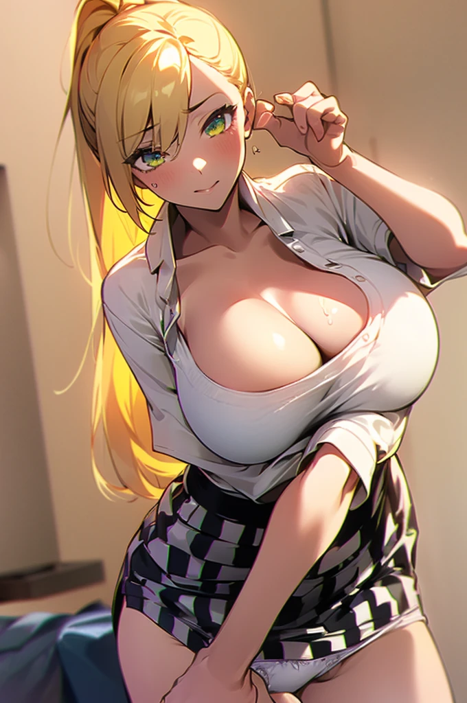 {masterpiece, distinct_image, extremely detailed CG, beautiful eyes and detailed face,realistic, photo realistic, 4k, 8k, high_resolution,perfect_finger, (beautiful_detailed_eyes:1.3), glitter, white_light,{1girl, face_focus,cowboy_shot, looking for_in_viewer, lying on back, leaning back},{curvy,brown_skin, (huge_breasts, wide_hip:1.3), navel, skinny_stomach,tight_gap, groin,(milf:1.3), (white_shirt, checkered_short_skirt, cleavage, white_panties :1.5), (yellow_hair, green_eyes, long_hair, ponytail:1.3), hime_cut, expressionless_face, sweat, bedroom, in bed}