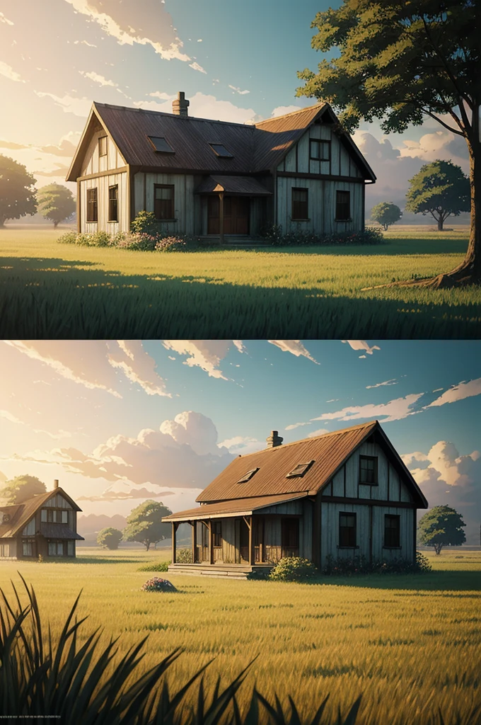 a painting of a house in the middle of a field, a matte painting by Makoto Shinkai, cgsociety, neo-romanticism, anime aesthetic, anime, wallpaper