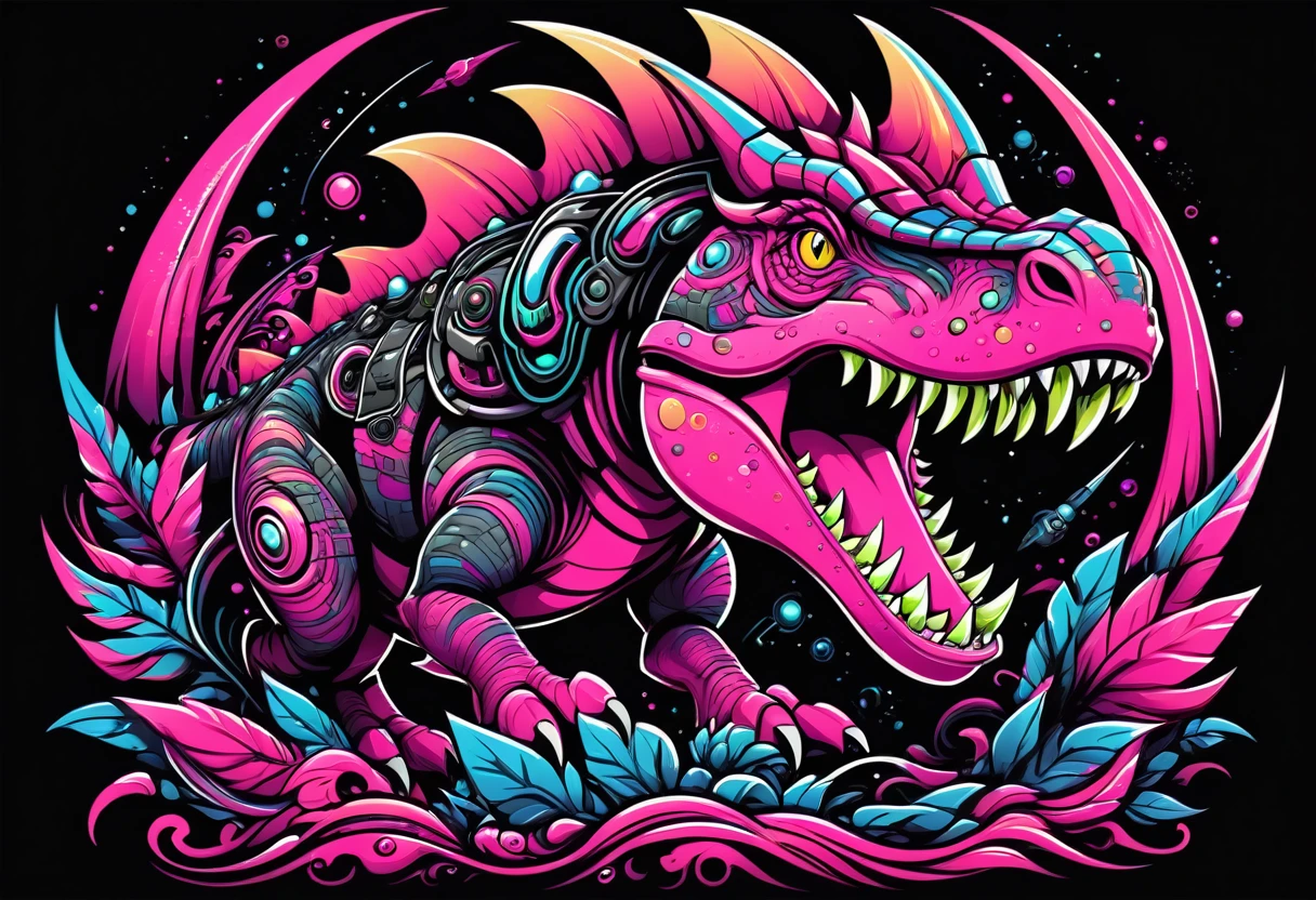 A vector design for a t-shirt, with a black background featuring elements of [[cyber-dinozaur] in the style of hyper-detailed illustrations with a colorful, cartoonish style in high resolution using [black + pink] colors and hard edge lines, along with swirling details and high contrast