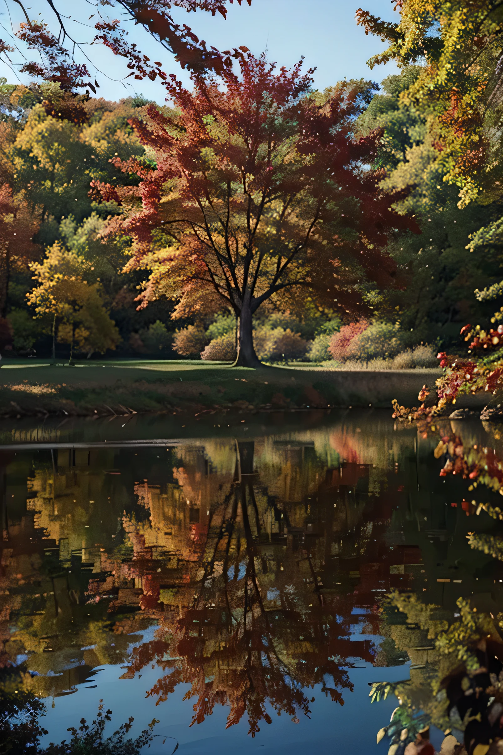 a tree with red leaves on it next to a lake, nature scenery, really beautiful nature, autumn season, beautiful nature, autumn! colors, rich picturesque colors, warm beautiful scene, natural landscape beauty, scenic colorful environment, beginning of autumn, during autumn, nature in all its beauty, autumn tranquility, autum garden, vibrant autumn colors, stunning nature in background