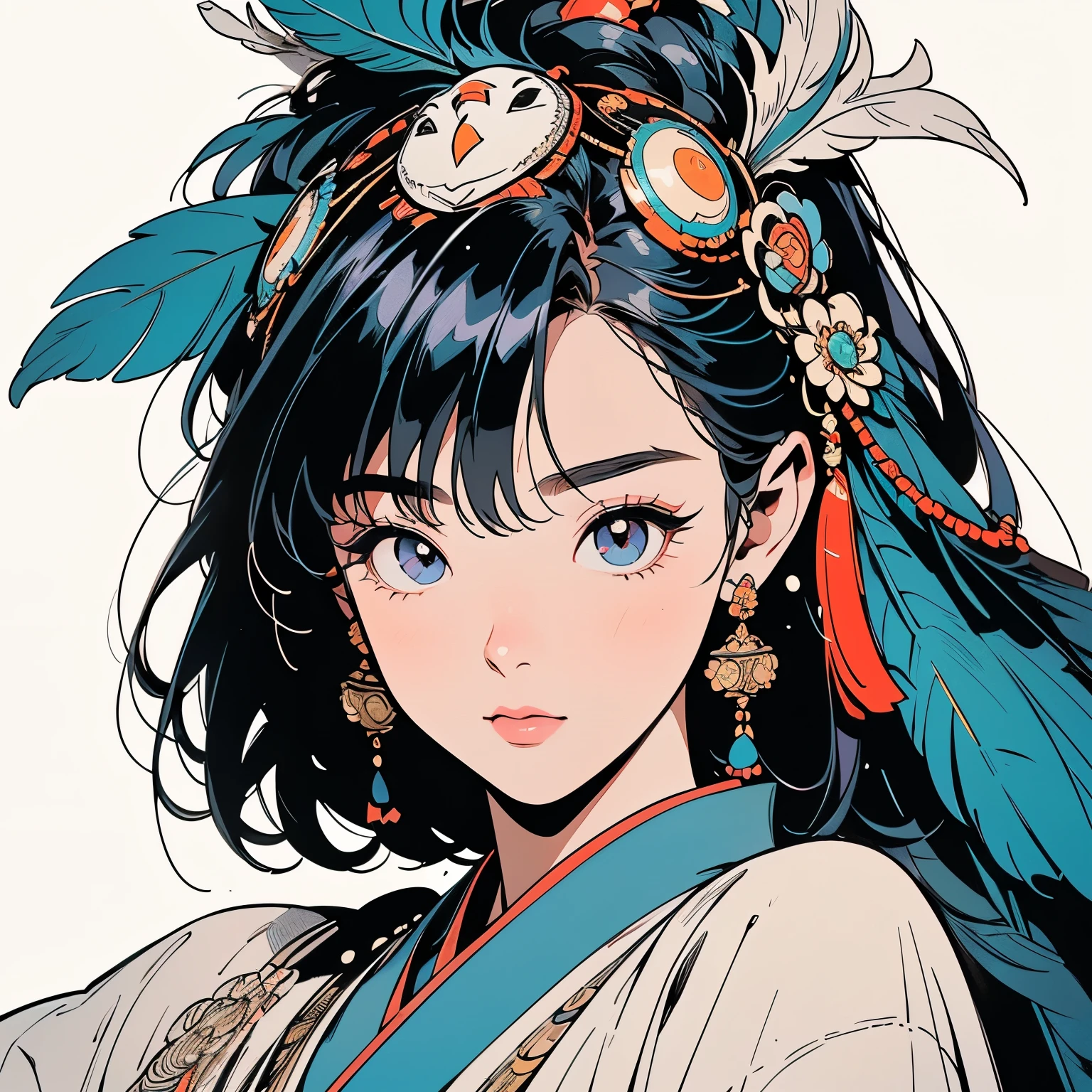 kimono, 完璧なkimono, 詳細なkimono, first-class, Super detailed, White background only, (((Super detailedな装飾))),One Woman, Perfect Face, Faint lighting, (((head shot))), Super detailedな髪、(((Sparkling Eyes))),mysterious, The wind is blowing, Apparition, Japanese style, Panorama, Long Shot, (((Narrow-eyed beauty))),(((Indian-style feather headdress on head))),Upper Body,(((Complex eye pattern)))、(((He wears an intricate bird-head mask on his head.)))、A beautiful woman、Detailed face、Best quality face、Large feather ornament、peacock feathers、short hair
