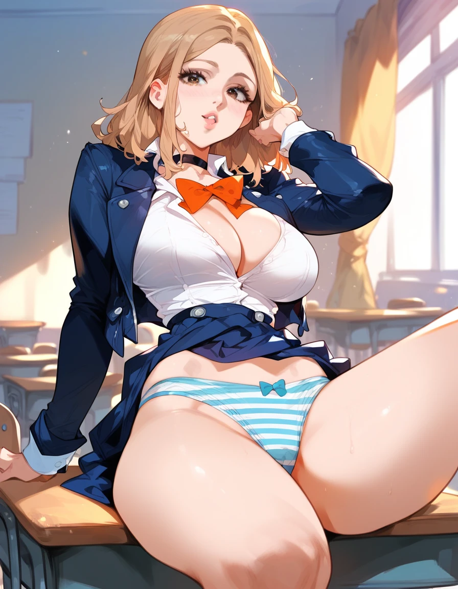 Expressive, score_9, score_8_up, score_9_up,, masterpiece, high quality, highly detailed, 1girl, camie utsushimi, light brown hair, dark brown eyes,big breasts, , round breasts,,,,,, thin waist, white background,, (school unifrom:1.2), striped panties, sit on desk