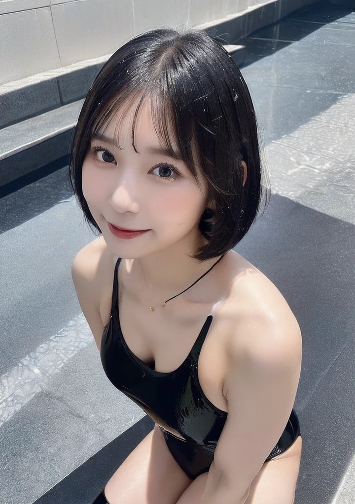 masterpiece, Highest quality, Ultra-high resolution, (Photorealistic photography: 1.4), ((1 Girl, White skin: 1.4, Kneel, From above, Looking up at the audience, Face close-up, 19 years old, cute, cute, Black Hair, Bob_cut, short hair, Big Breasts: 1.6)) (Bikini Swimwear: 1.3, A simple two-tone blue and black swimsuit, Shiny shiny shiny swimsuit, Glossy swimsuit with reflective surfaces, Soaking wet: 1.2) (Portrait of a famous actress of Japan), (smile, Happy, Joyful, Hilarious, Close your mouth), (Breasts sandwiched between arms and chest), Eye for detail, A truly pure white background, Long neck, bangs, Eyelashes, Big eyes