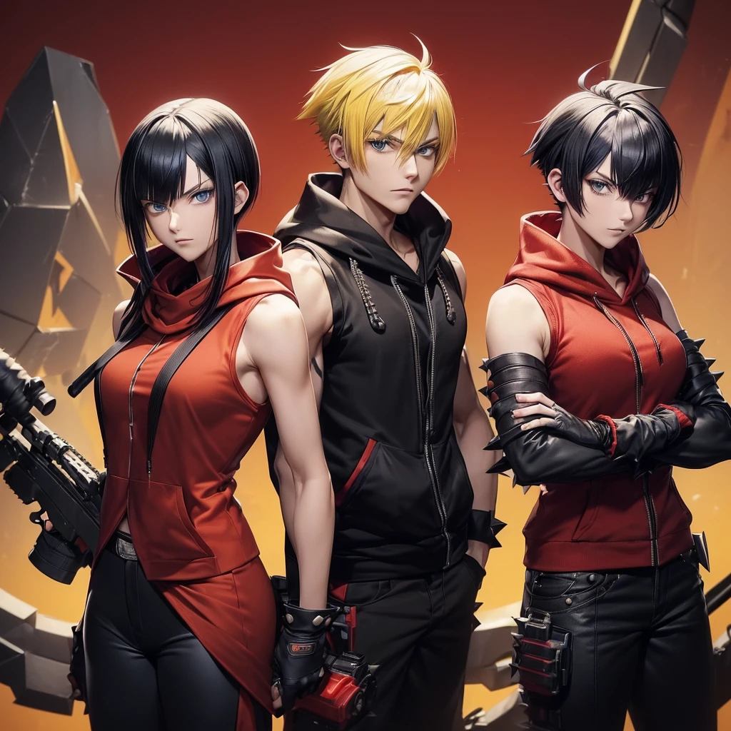 ((Couple)), ((26 years old, male with Yellow hair, Blue eyes, Spiky hair)). 

((26 Years Old, female with Black Hair, Hime Cut, Bang)),, ((red scarf)), ((red hoodie vest)), ((sleeveless)), ((black pants)), ((black gloves)), ((Sniper)), slim, up to legs, intimidating aura