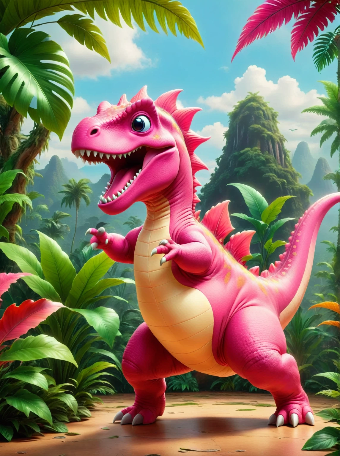 A cartoonish pink dinosaur performing the dabbing motion. The pink dinosaur has a large, muscular body with short arms and a big head, characteristic traits of a T-Rex. It is seen standing on two legs, tilting its head and throwing one of its short hands upwards and the other towards the ground, accurately mimicking the popular dabbing dance move. The backdrop is a prehistoric jungle environment with large leafy plants, providing a stark contrast to the modern dance gesture of the pink dinosaur