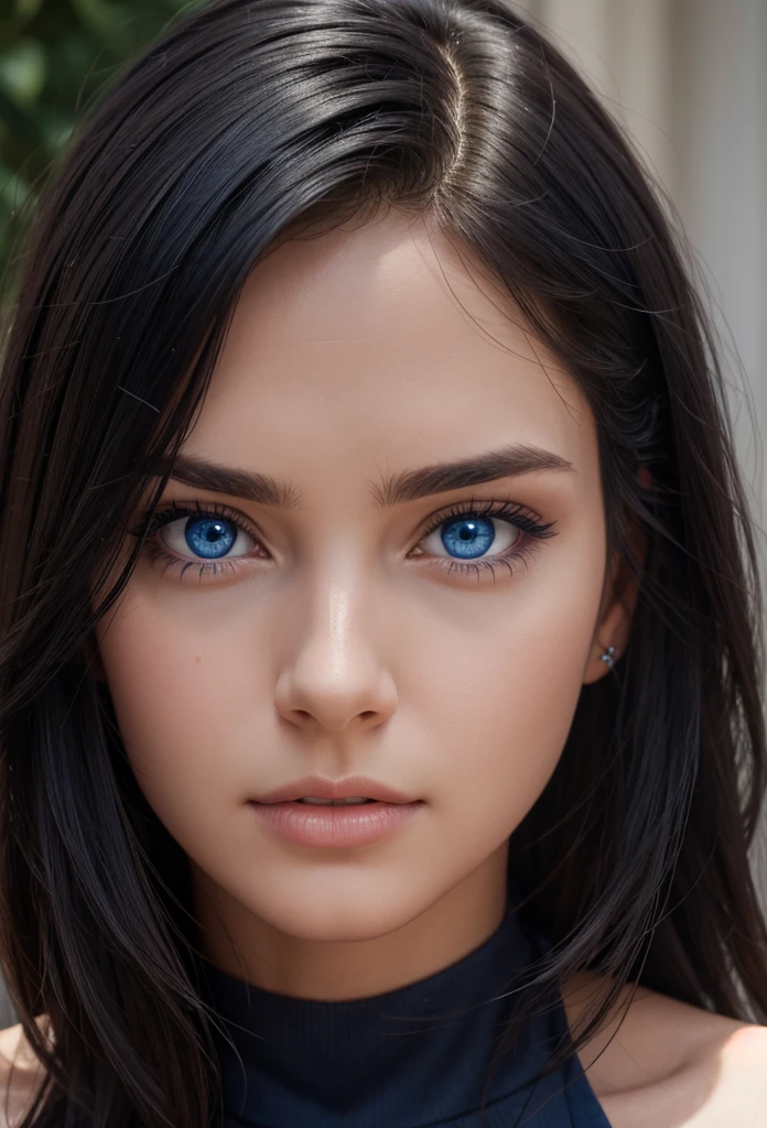 Beautiful face, blue eyes, black hair, hyper realistic, medium closeup