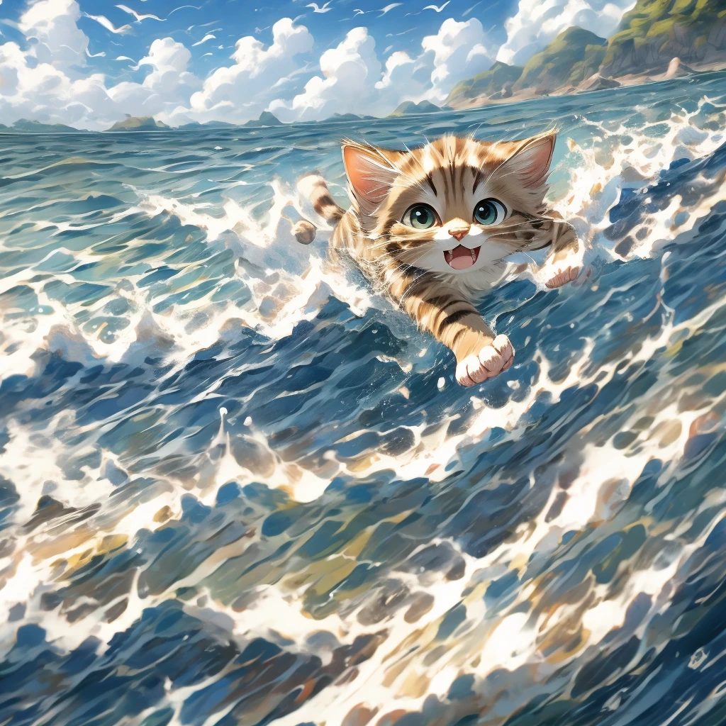 Brown tabby kitten、Running along the edge of the waves