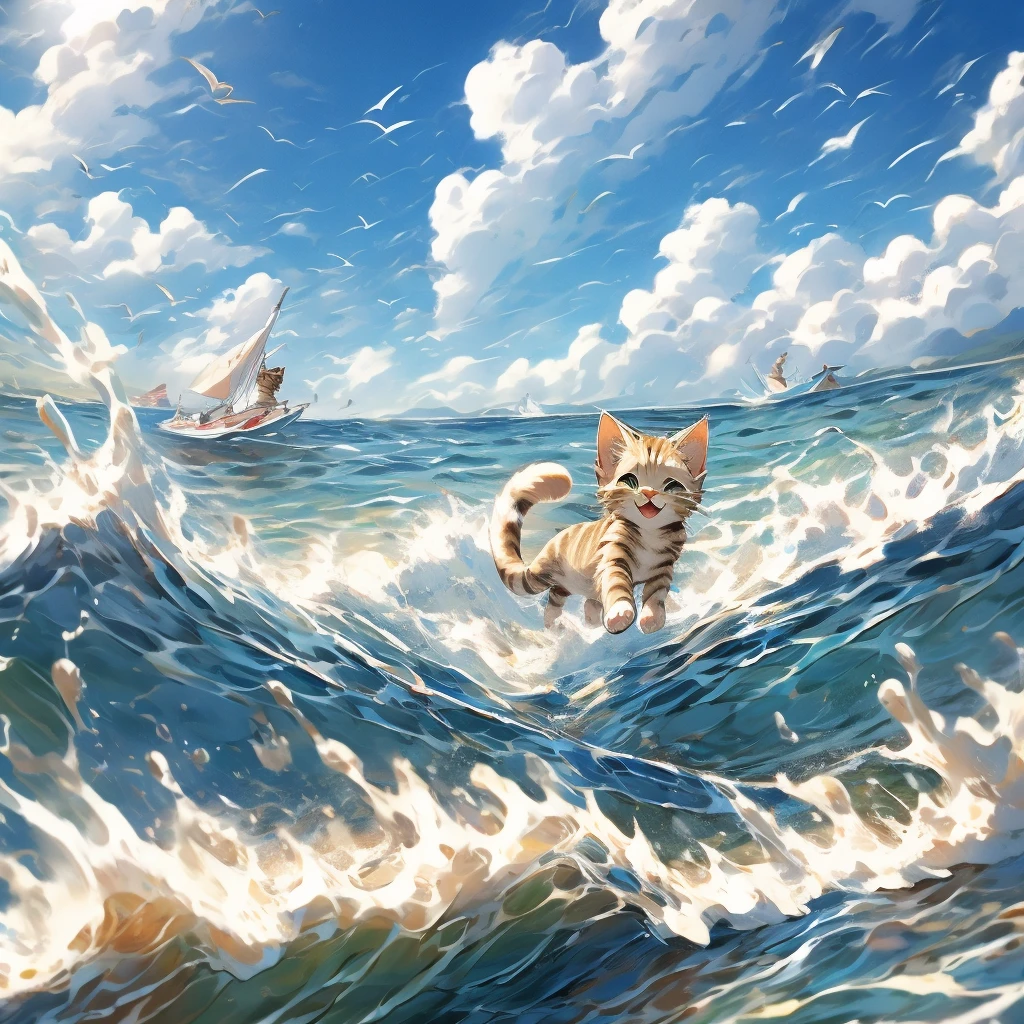 Brown tabby kitten、Running along the edge of the waves