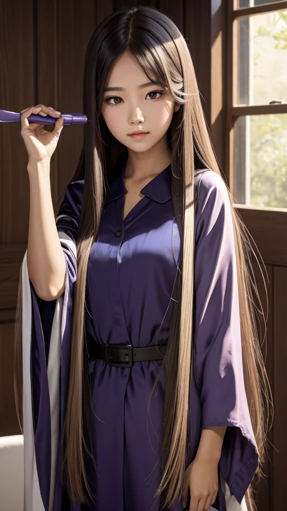 girl with silky hair brushing