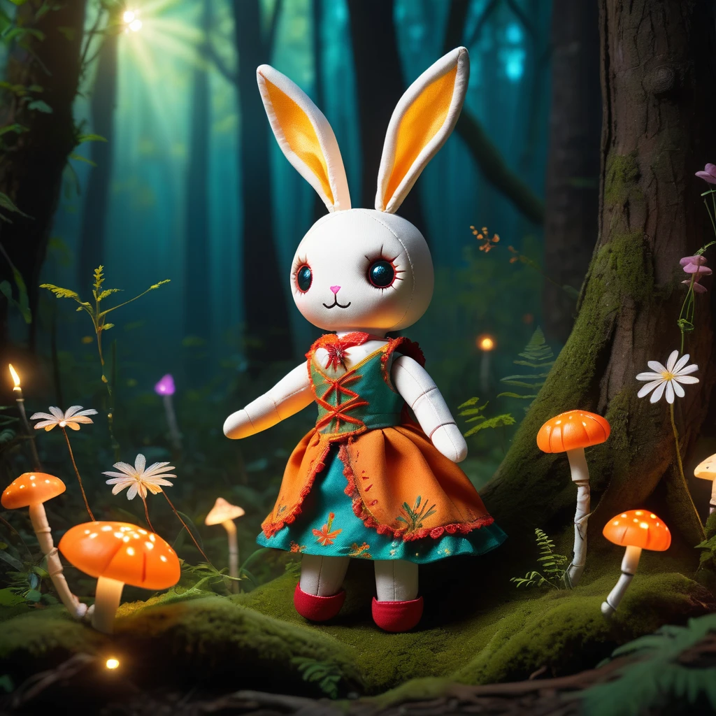 (Voodoo doll toy:1.9), (Voodoo rabbit:1.5), (in a forest clearing:1.3), (Clothing: small vest with glowing leaf patterns:1.0), (Accessories: enchanted carrot emitting sparks of natural magic, spectral mushrooms floating in the air:1.1), (background: serene forest clearing with floating flowers, glowing sunlight and spectral woodland creatures:1.2), best quality, masterpiece, detailed soft oil painting, detailed background, dramatic cinematic lighting, soft edge lighting, professional, dramatic lighting, hard edge lighting, ultra quality, 4k,masterpiece, best quality, 8k, ultra highres, highres, extremely detailed