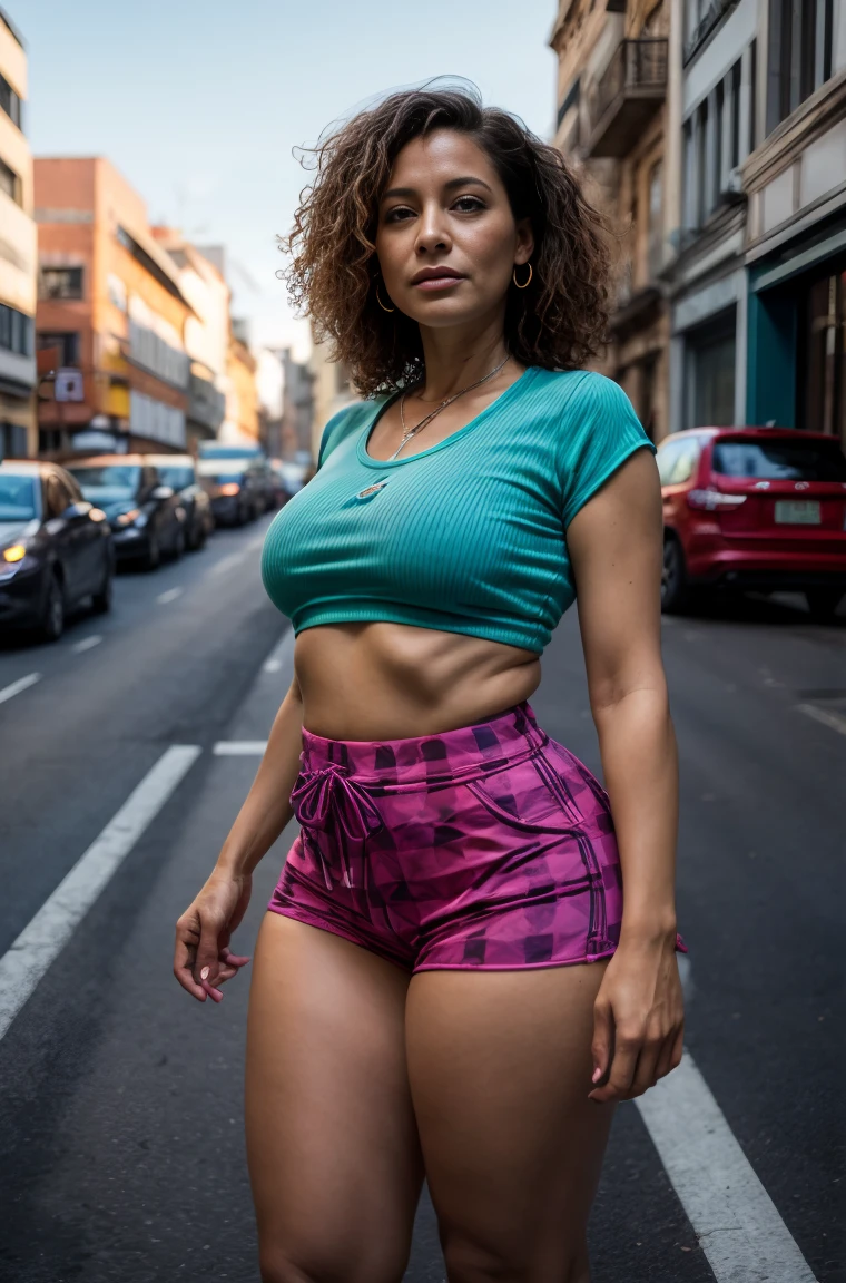 (best quality, highres, ultra-detailed), realistic, portrait, Colombian mature 65 year old looking  curly-haired busty lady, standing in the middle of traffic, looking up at an alien invasion, dressed in ripped booty shorts, checkered crop top tied in the front, vibrant colors, natural lighting.