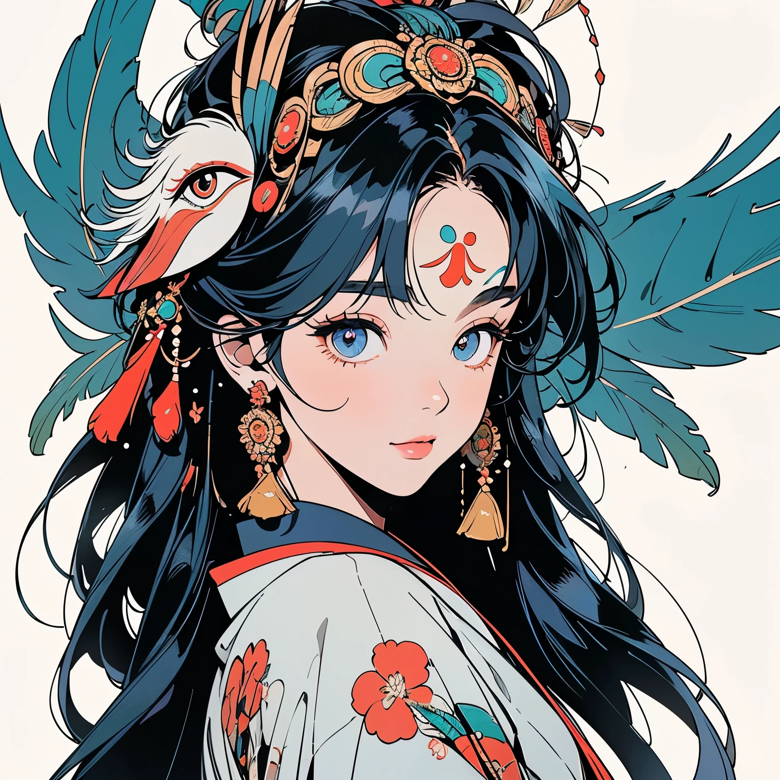 kimono, 完璧なkimono, 詳細なkimono, first-class, Super detailed, White background only, (((Super detailedな装飾))),One Woman, Perfect Face, Faint lighting, (((head shot))), Super detailedな髪、(((Sparkling Eyes))),mysterious, The wind is blowing, Apparition, Japanese style, Panorama, Long Shot, (((Narrow-eyed beauty))),(((Indian-style feather headdress on head))),Upper Body,(((Complex eye pattern)))、(((He wears an intricate bird-head mask on his head.)))、A beautiful woman、Detailed face、Best quality face、Large feather ornament、peacock feathers、Braid
