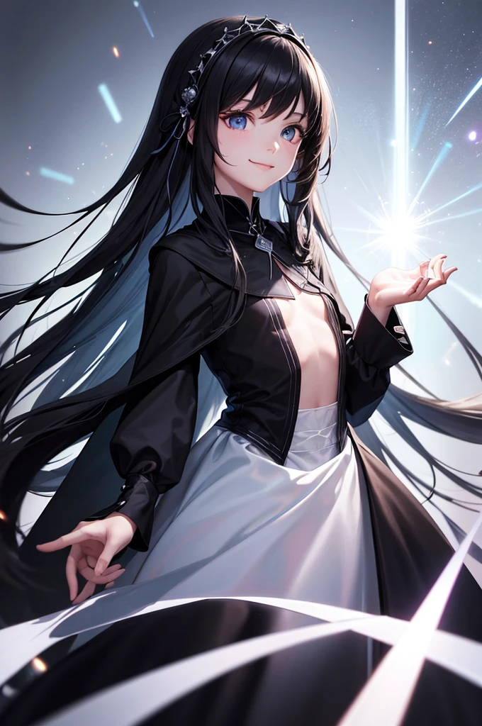 Perfect human body modeling, 1 girl, cute girl, pretty face, bitter smile, 12 years old, Beautiful black long hair, beautiful eyes, flat chest, small build, No muscles, white skin, wizard, Big magic wand, gothic skirt, magical girl, little Medieval Dress, Princess Dresses, Big black hat, light particles, light sparkles, lens flare, Light particles, Magic light, strong light