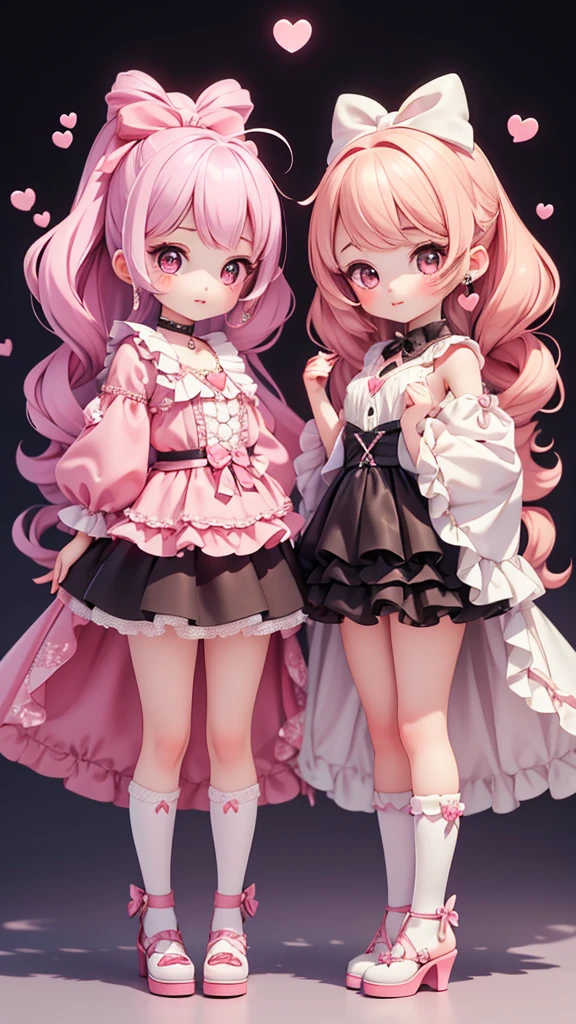 ((petite bishojo, 2girls)), ((kawaii face)), ((heart shaped eyes)), (masterpiece), (top quality), ((hyper detailed)), (exquisite), (beautiful and aesthetic), (super detailed skin), (high standard), (high resolution), (perfect anatomy), (full body), (blush), ((yami kawaii)), (earring), (lipstick), ((perfect hands, perfect fingers))