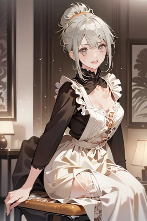 (A masterpiece of image quality in 8K),(from below:1.2),(Beautiful Allafed Woman),(((emphasizing breasts:1.0))),(Dynamic angles),(Dynamic and sexy bending pose:1.3),(sit a chair:1.3),(Short hair in shiny silver and orange inner colors,(perky chest:1.1), (pointed chest:1.3),small full breasts,Disturbance of clothing due to movement,breast slip,(Ponytail twisted buns adorned with elaborate braids and beads,Braided Setup Fishbone Hair,),(see-through bangs),small breasts、(((A white lace apron that shows your bare skin from under your small breasts)))、Blush with embarrassment、Enraptured eyes、A smile that beguiles the viewer、(Look back:1.2)、Look into the photographer,skin glistening with sweat,gazing at viewer,,(Professional Lighting),(8K,masutepiece,top-quality,Ultra-high resolution output image,),(Ultra HD with complex detail image modes),depth of fields,Beautiful hands,Beautiful fingers,Detailed finger features,(Detailed hair features:1.7),detailed facial features,detailed clothes features,